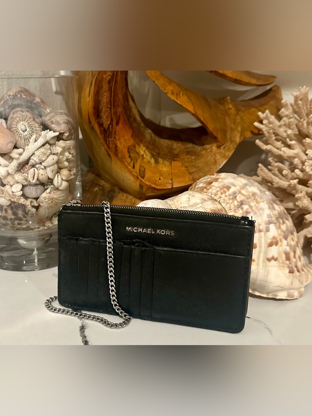 Michael Kors Black Leather ID Wallet with Silver Chain
